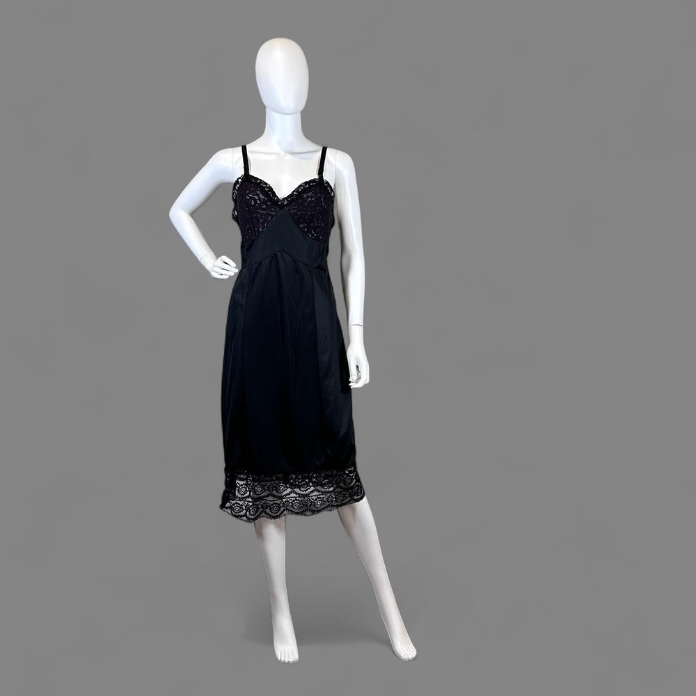 Vintage Adonna Black Lace Slip Dress 38 Midi Nightgown Lingerie Y2K Coquette